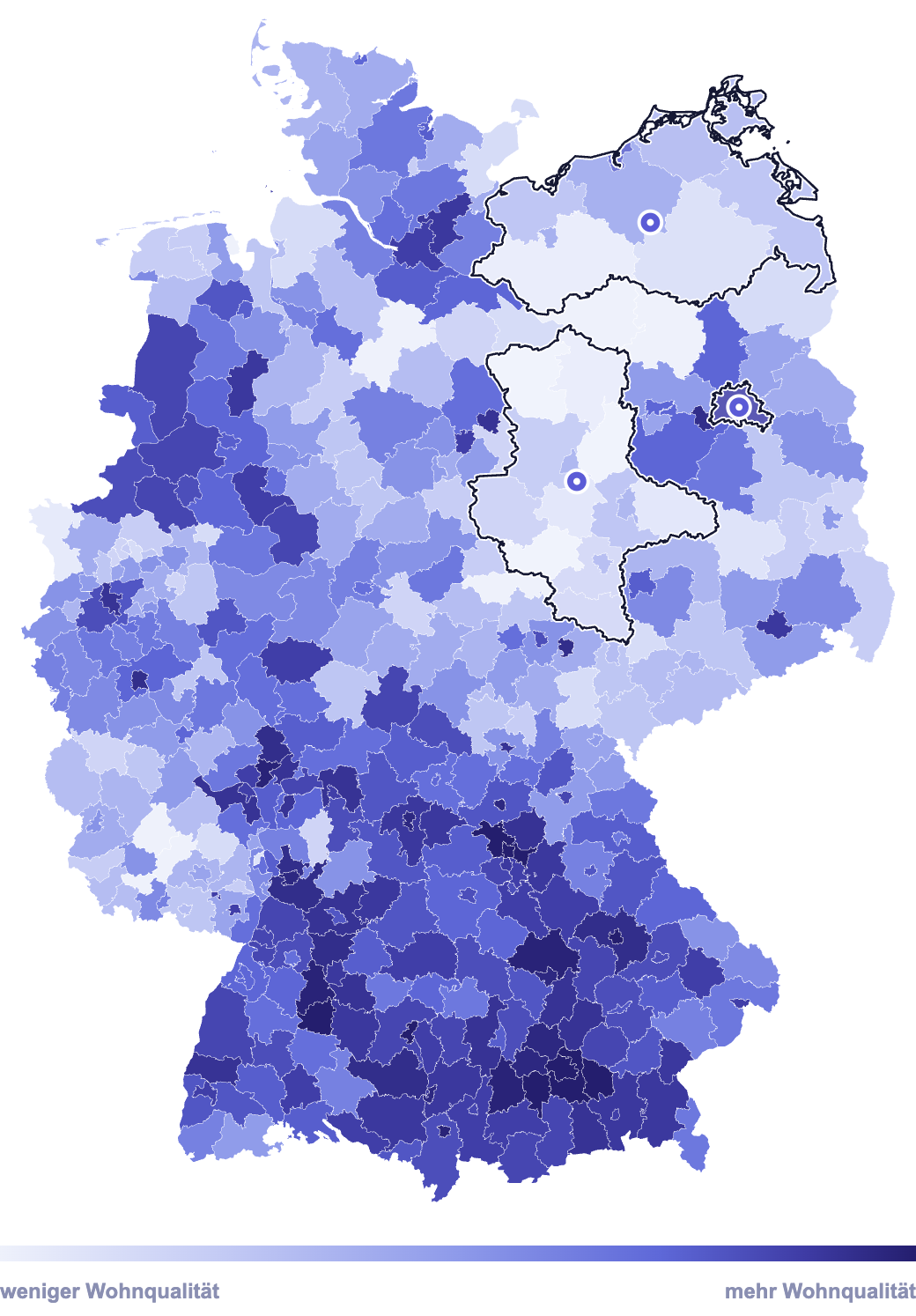 Karte: Der WohnlupenScore je Kreis in Deutschland, hervorgehoben die drei Länder, die 2026 wählen.